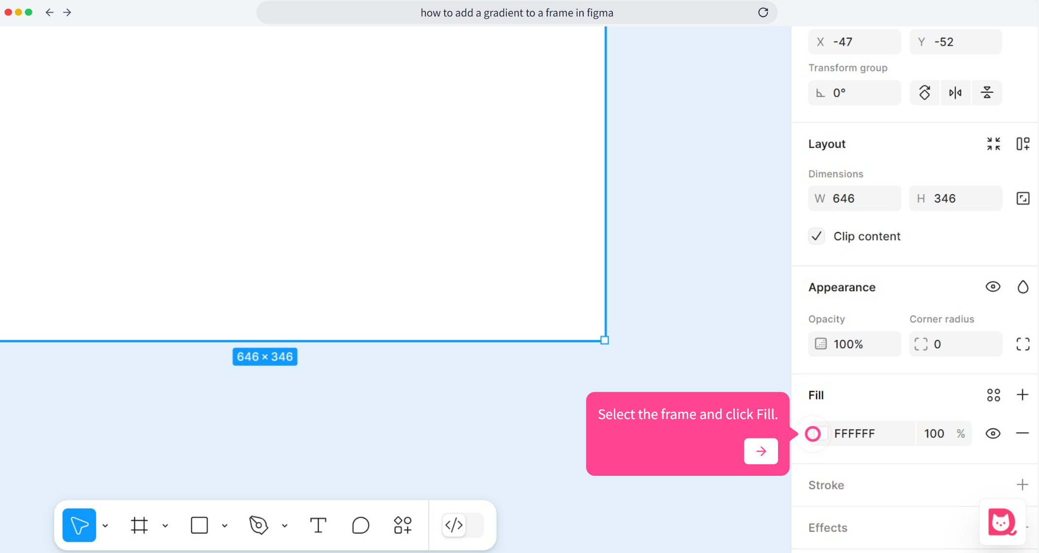 Select a frame in Figma and locate the Fill option in the right-hand side panel.