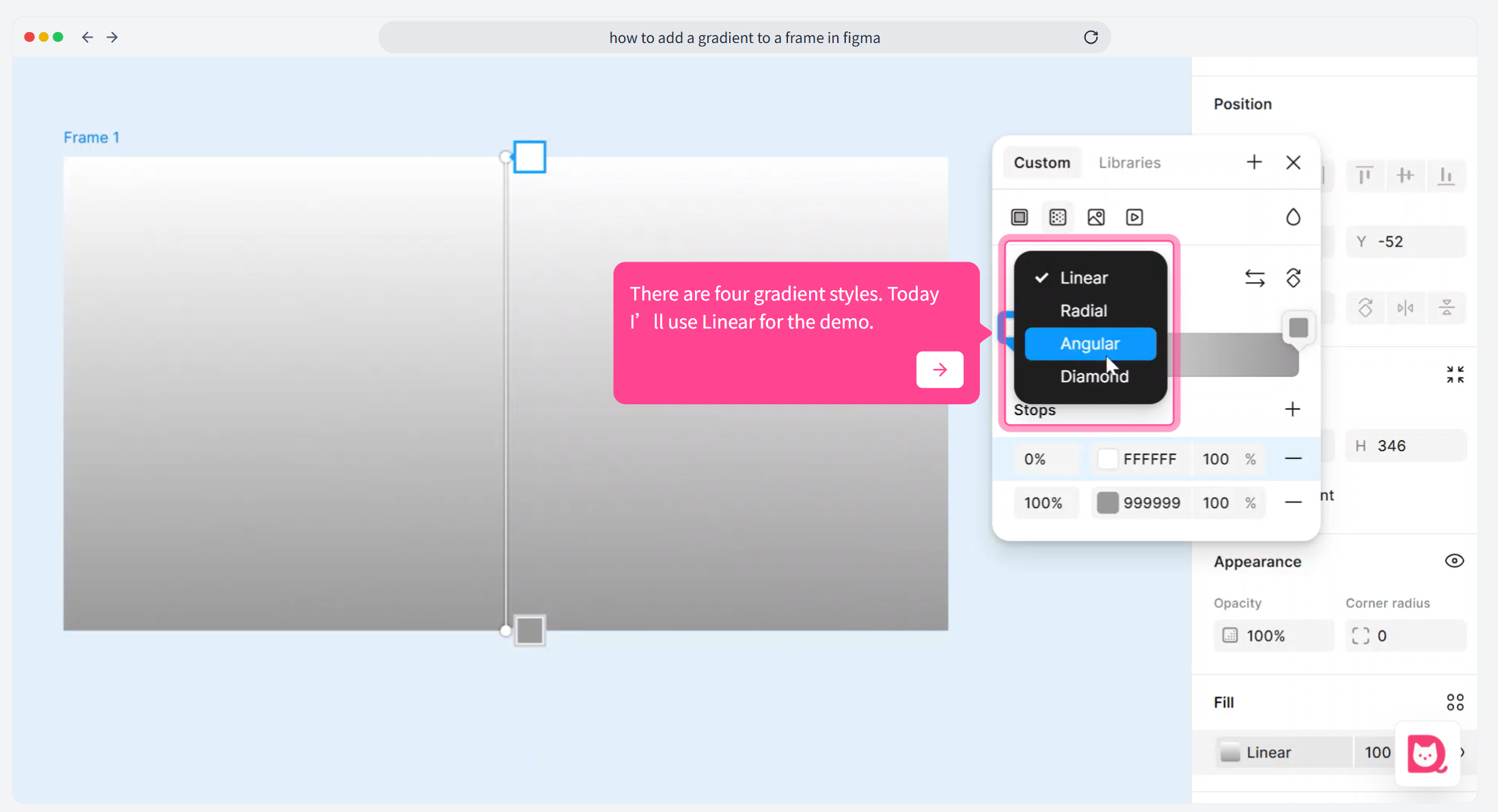 Figma shows four gradient types—select “Linear” for a standard left-to-right gradient.