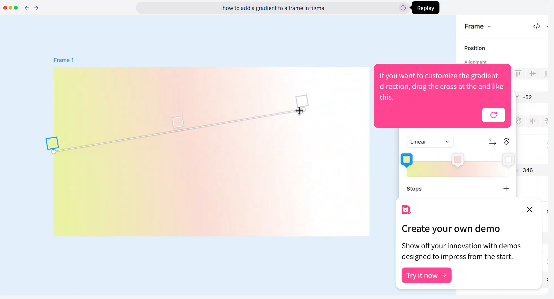 Drag the end handle on the gradient line to manually set a custom direction.