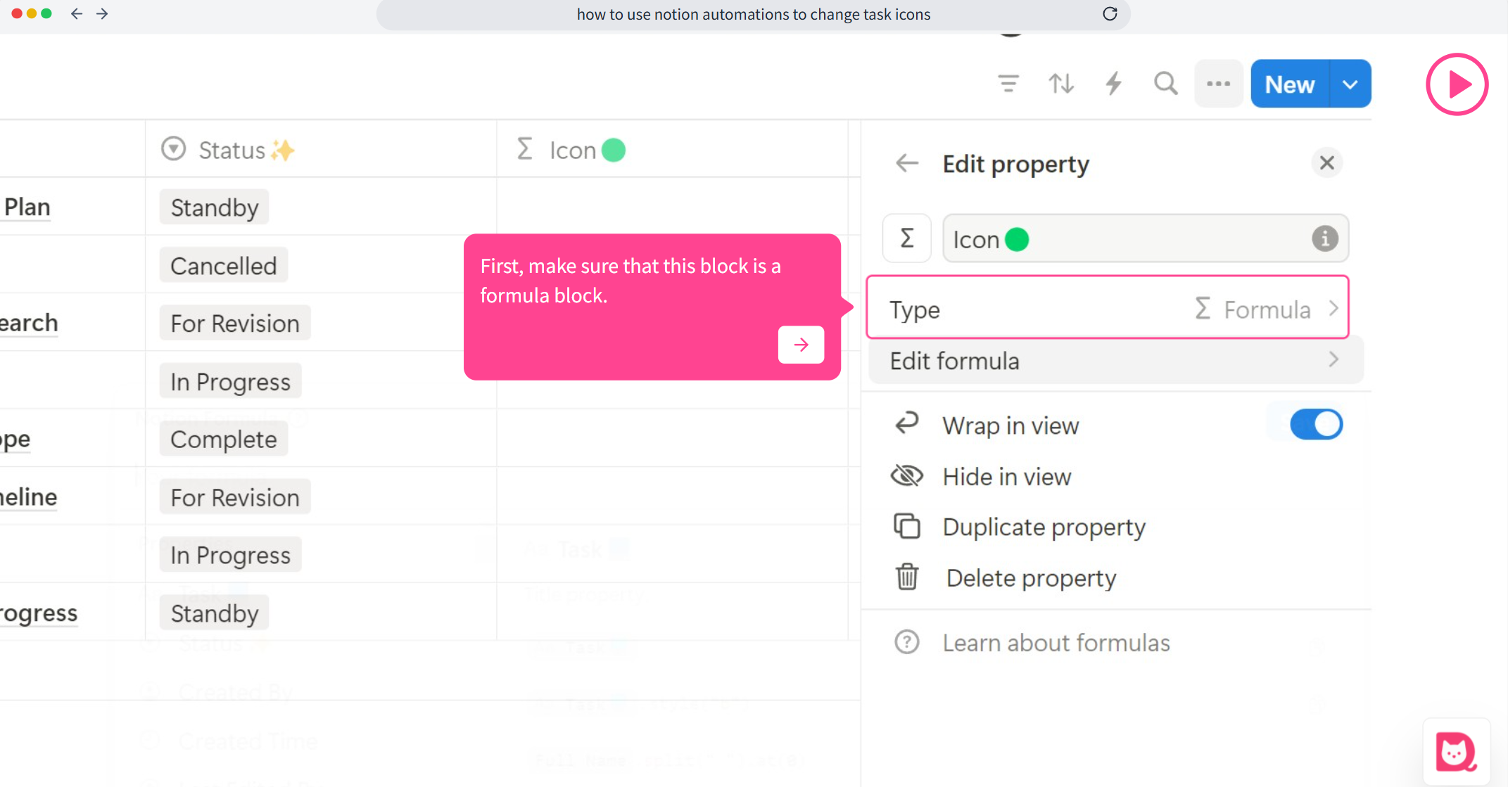 Notion table showing a column that is already set to Formula type.
