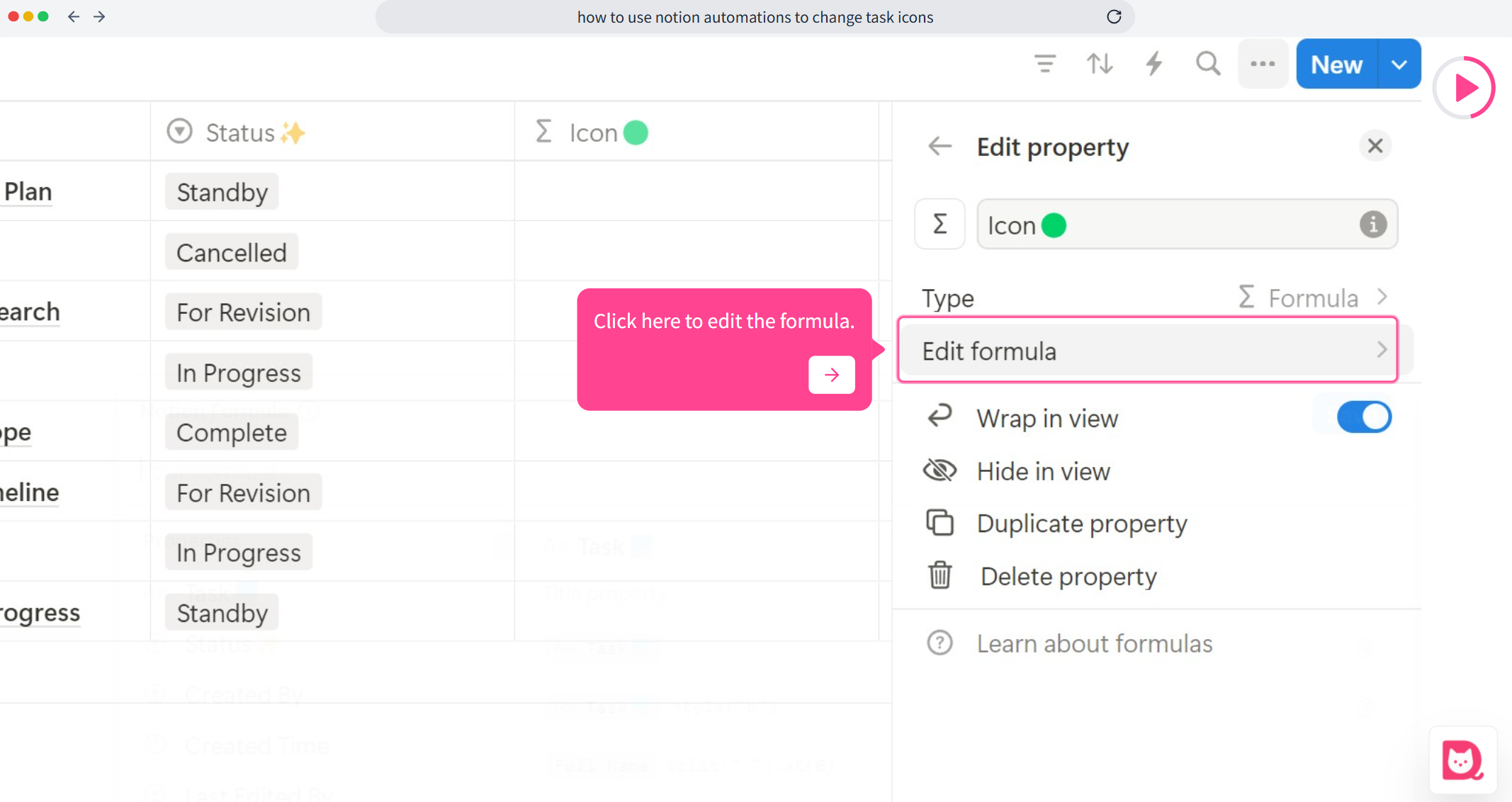 Cursor hovering over a formula column cell in Notion with the 'Edit formula' option visible.