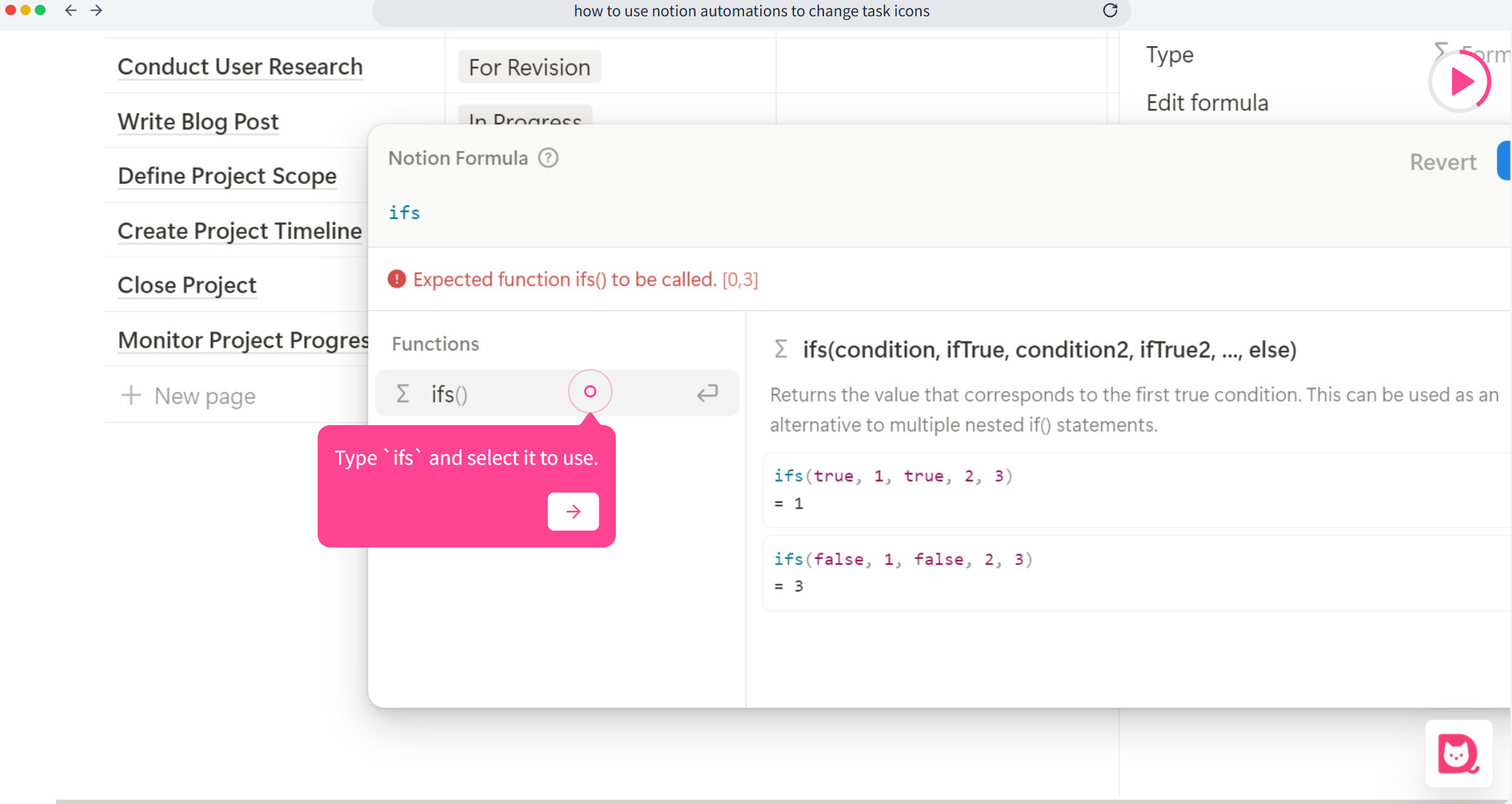 Formula editor open in Notion with ‘ifs’ being typed and highlighted in the function suggestion list.