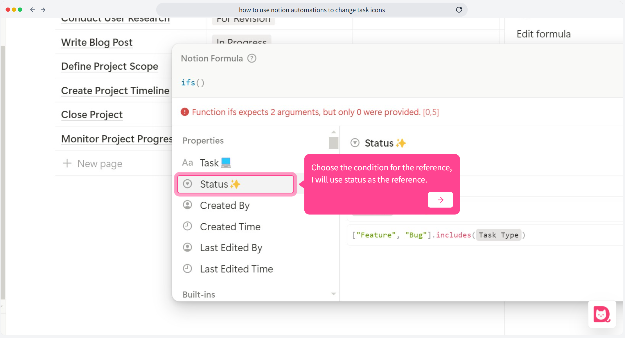 User selecting the ‘Status’ column from a list of available columns in the formula editor.