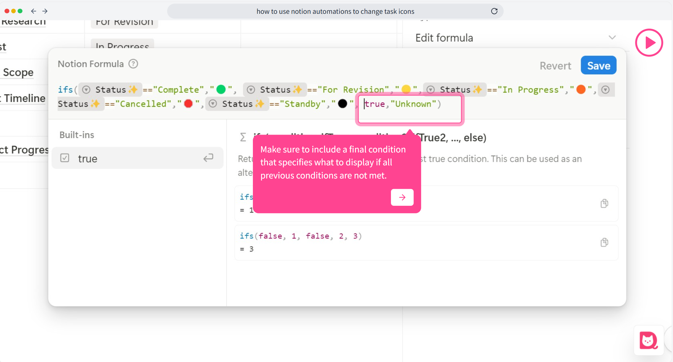 Formula editor in Notion showing an ifs function with multiple conditions and emoji icons like 🟢 and 🟠
