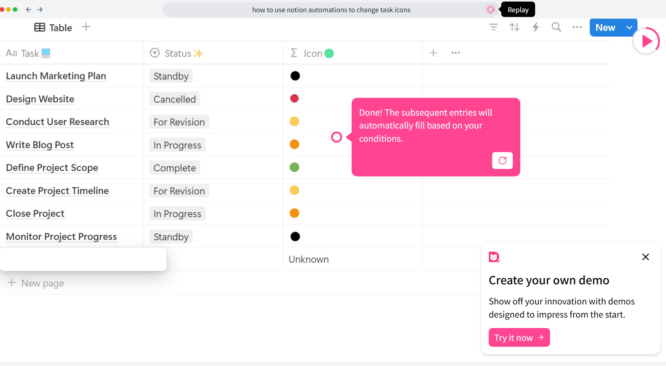 Completed formula saved in the Notion editor with task icons automatically showing in the table based on status.