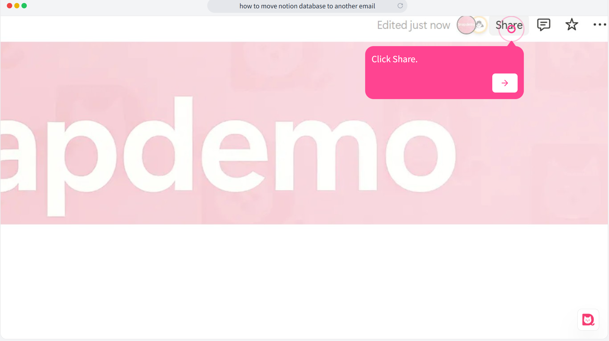 Screenshot showing the “Share” button in the top-right corner of a Notion page.