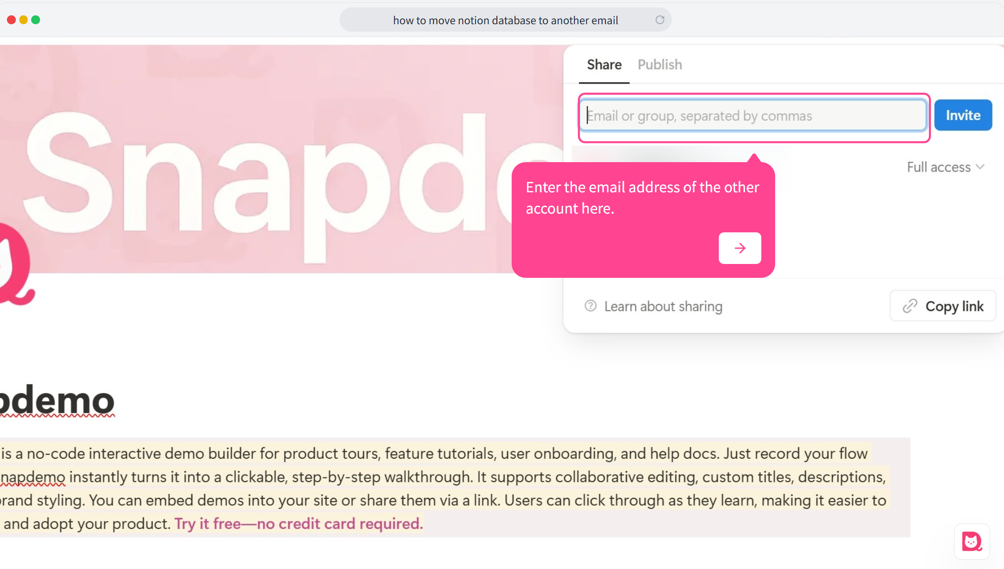 Share dialog with an email address being typed into the invite field.
