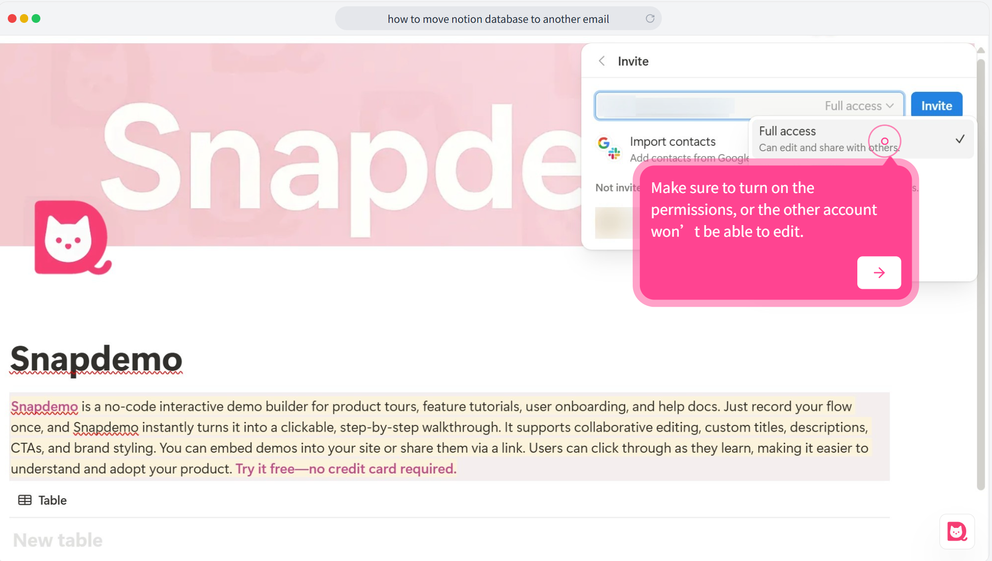Permission dropdown menu in the share panel, with “Full access” selected.