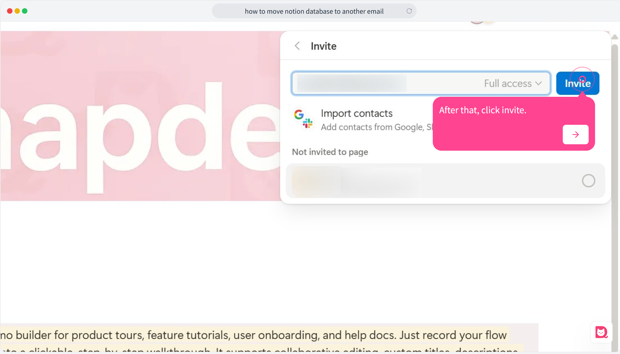 Cursor hovering over the “Invite” button after entering an email and setting permissions.