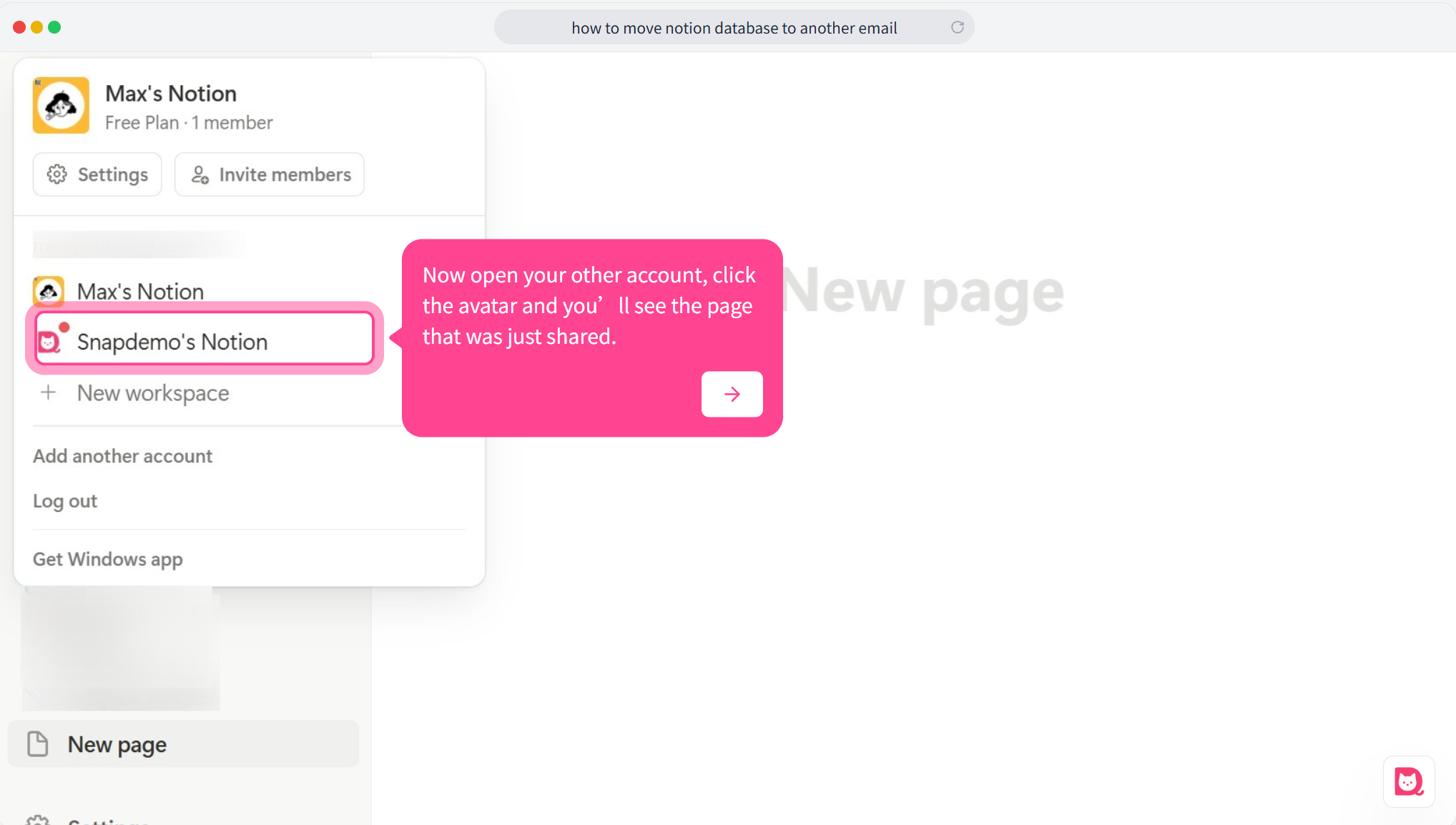Notion dashboard of the second account with the avatar menu open, showing the shared page.