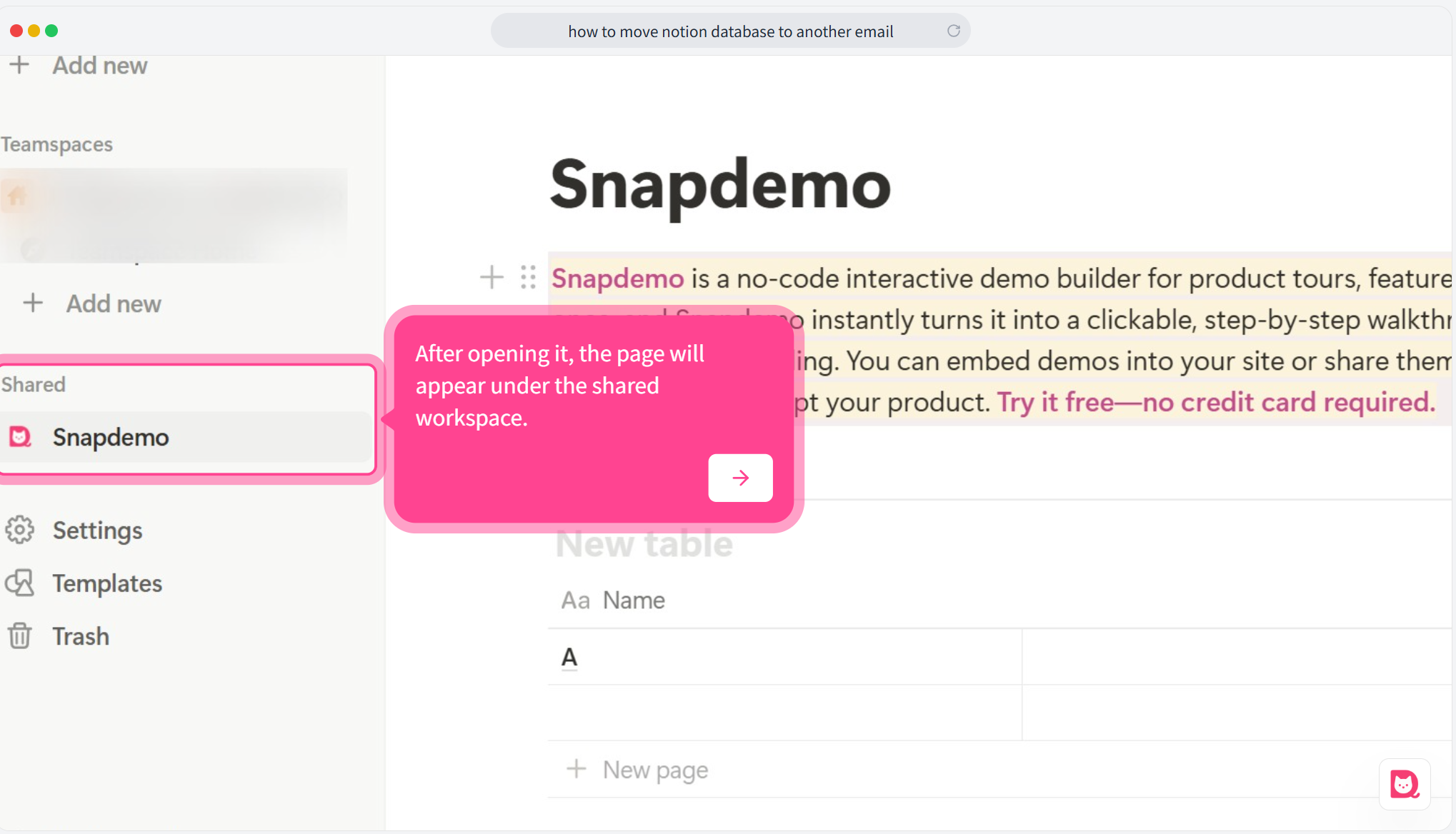 Shared page listed under the “Shared” section in the sidebar of the second account.