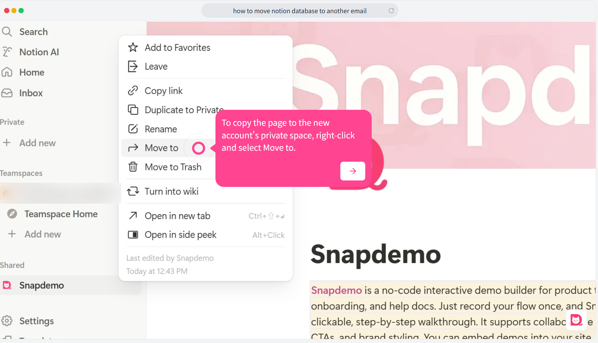 Right-click menu on the page in the sidebar, with the “Move to” option highlighted.