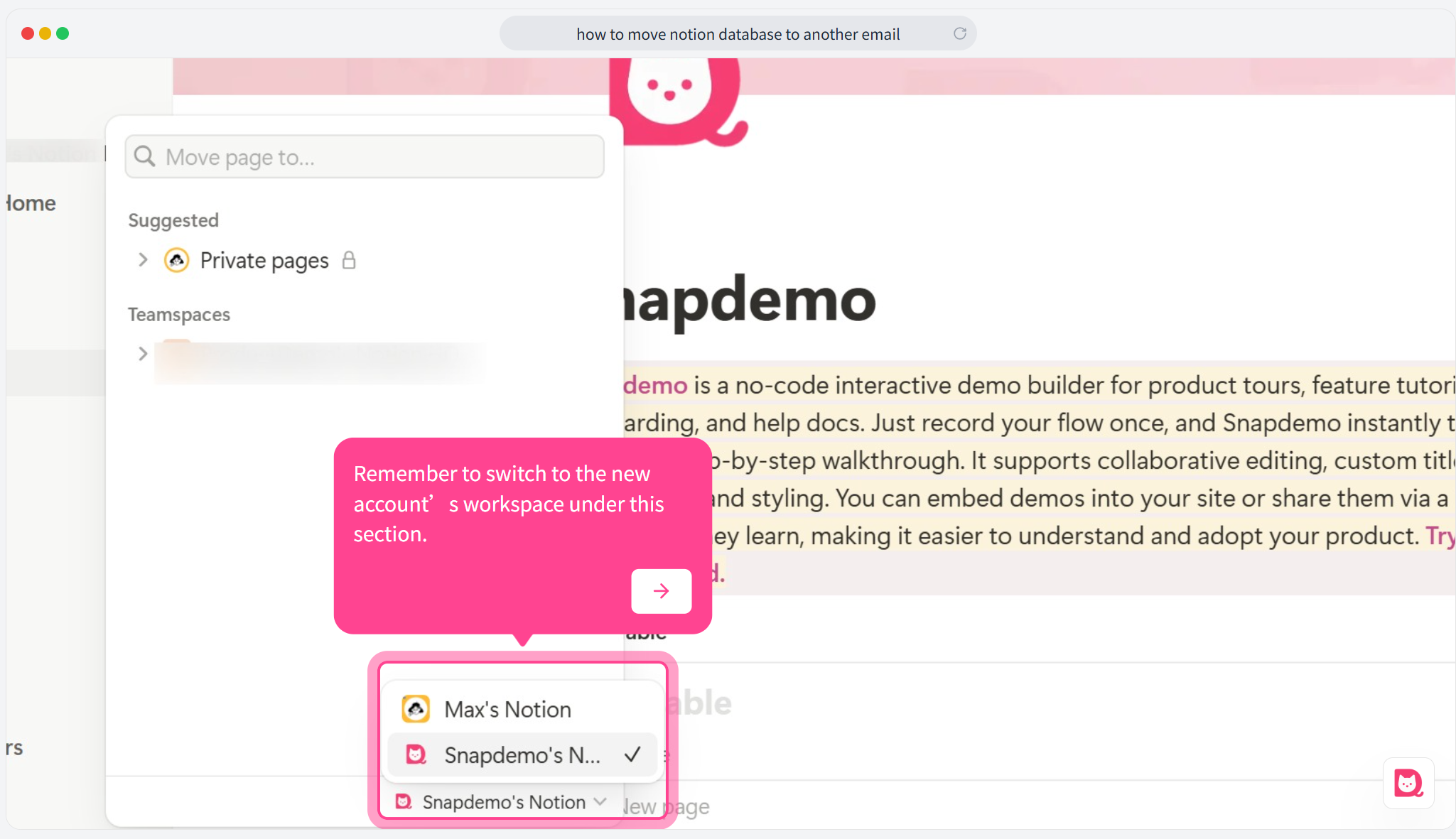 Workspace selector open in the move dialog, showing multiple available workspaces.
