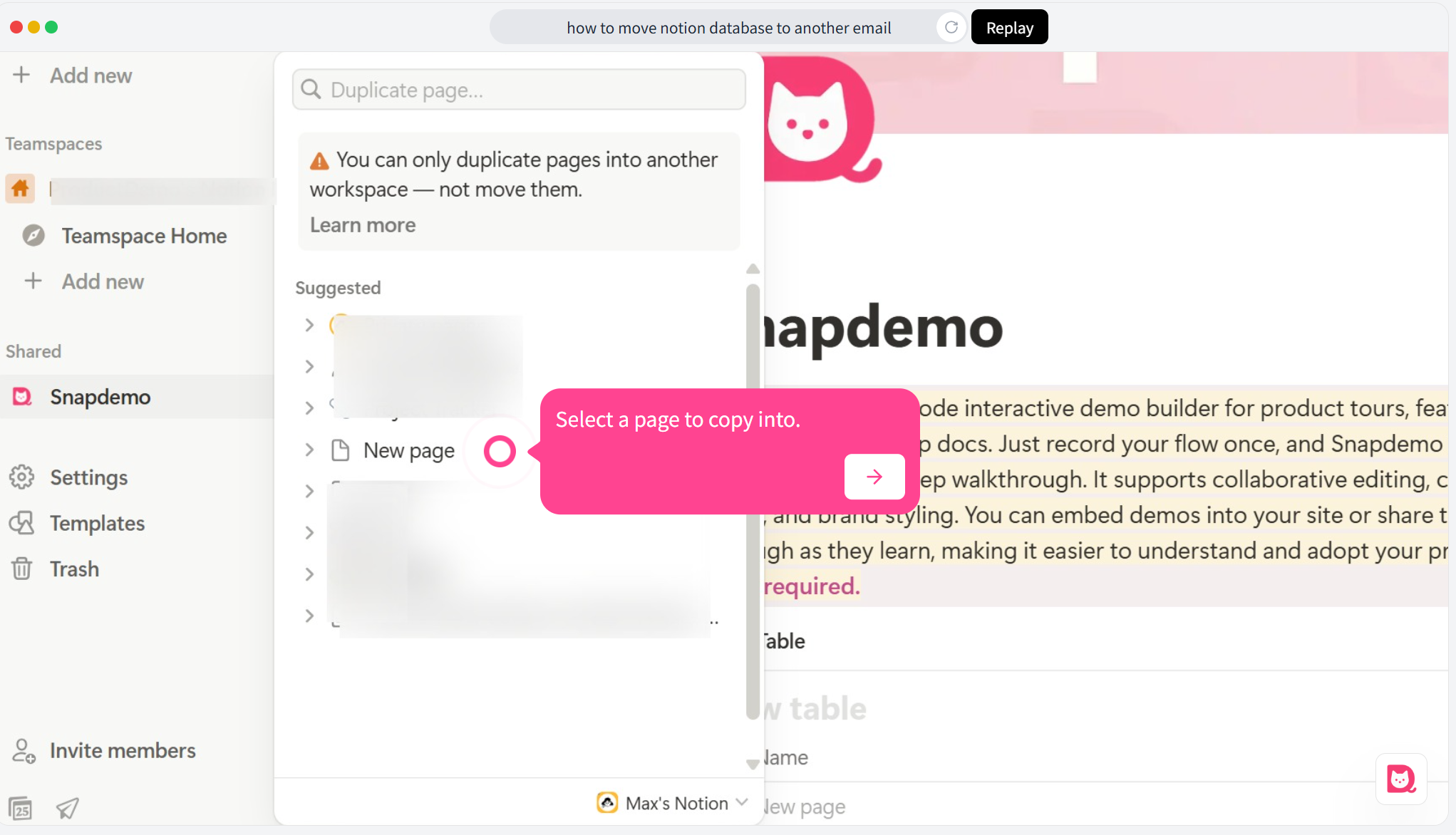 Page selection menu in the move dialog, with an option to create a new page.