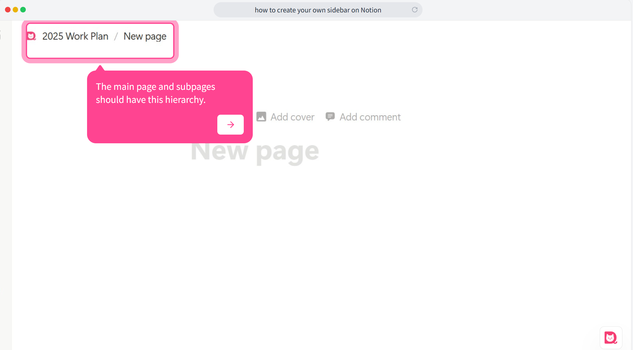 Image showing the hierarchy display in the top right corner, showing "home page/subpage."