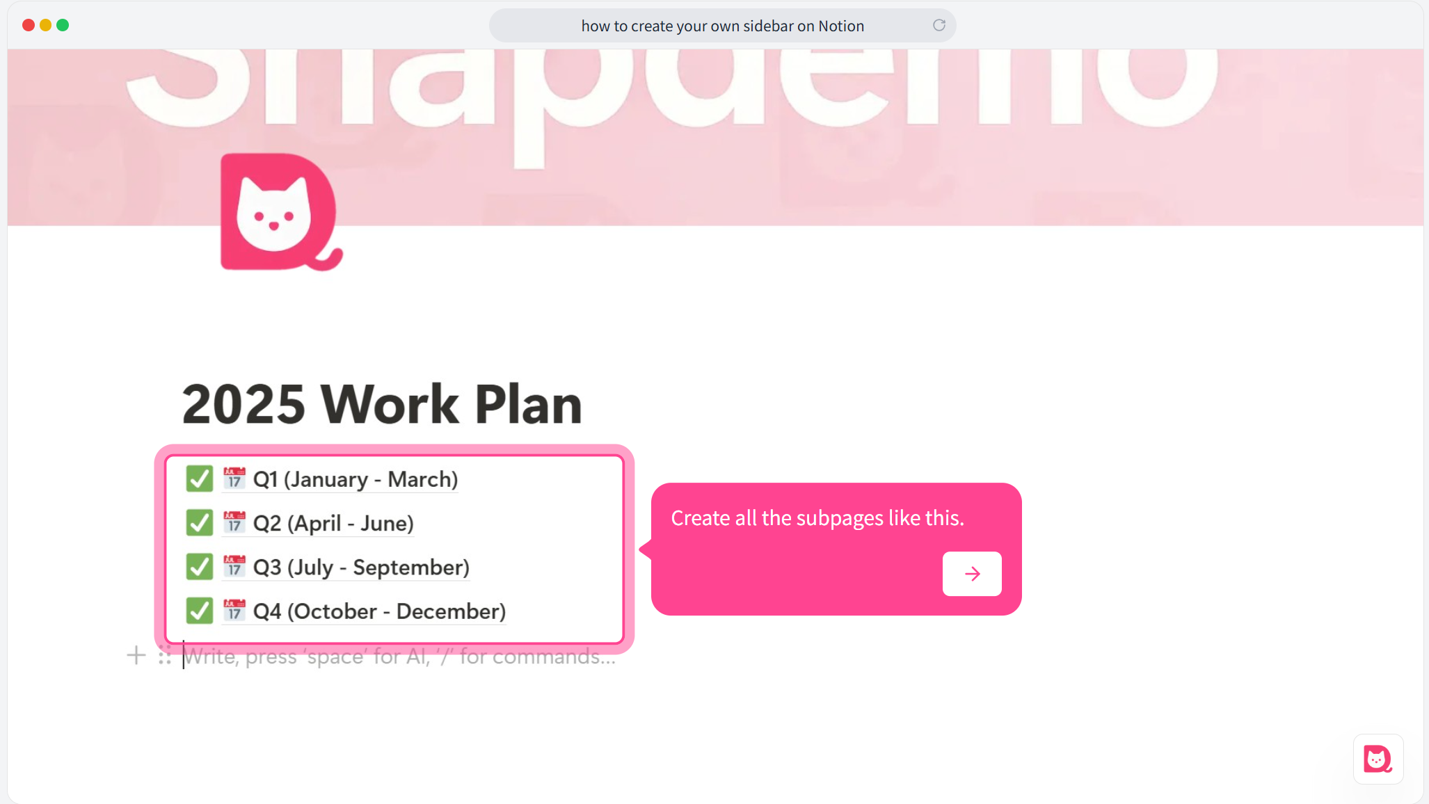 Image showing how the links to subpages are set up with the page names as link titles.