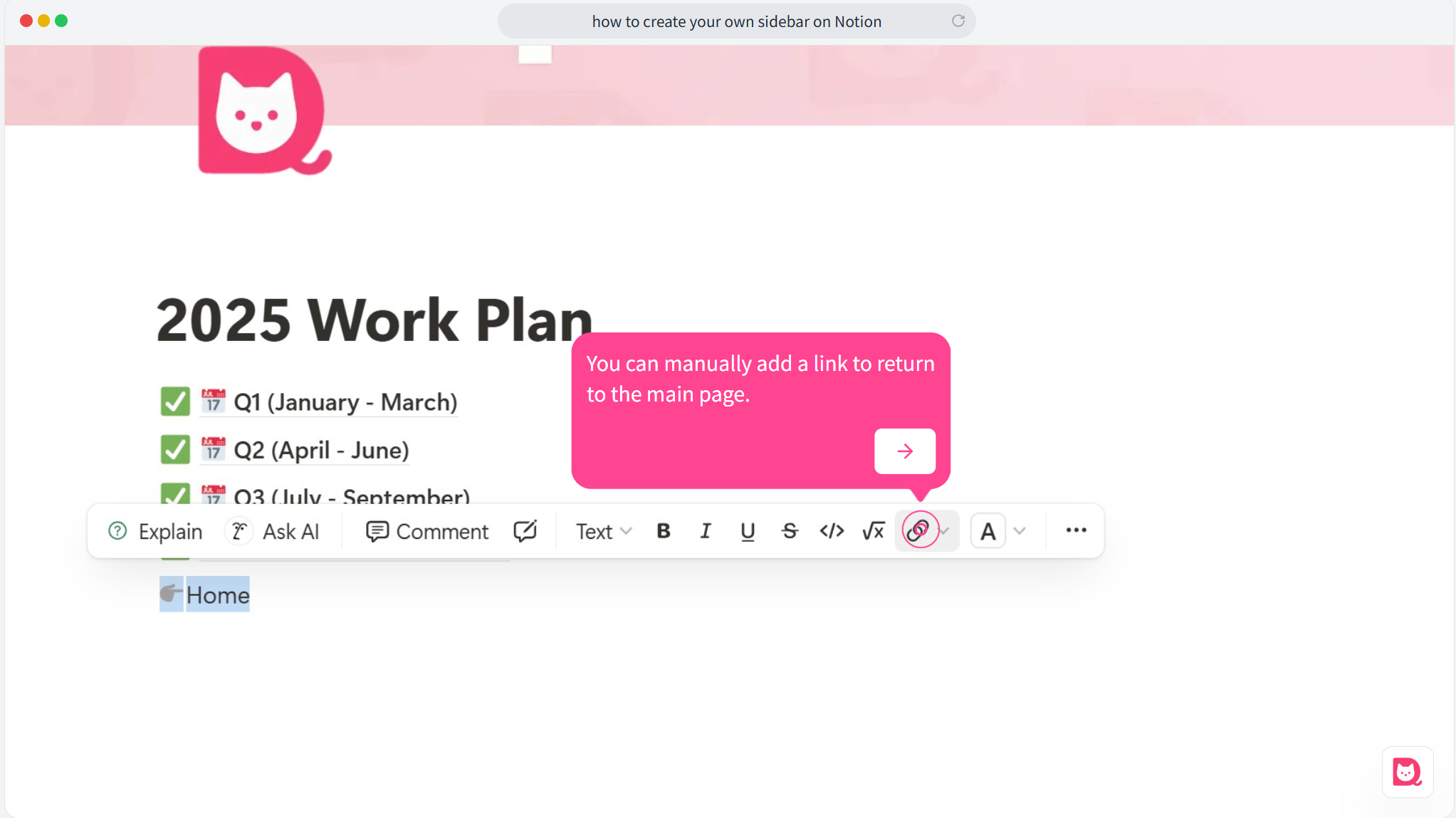 Image showing the addition of a "Home " link in a subpage for easier navigation.