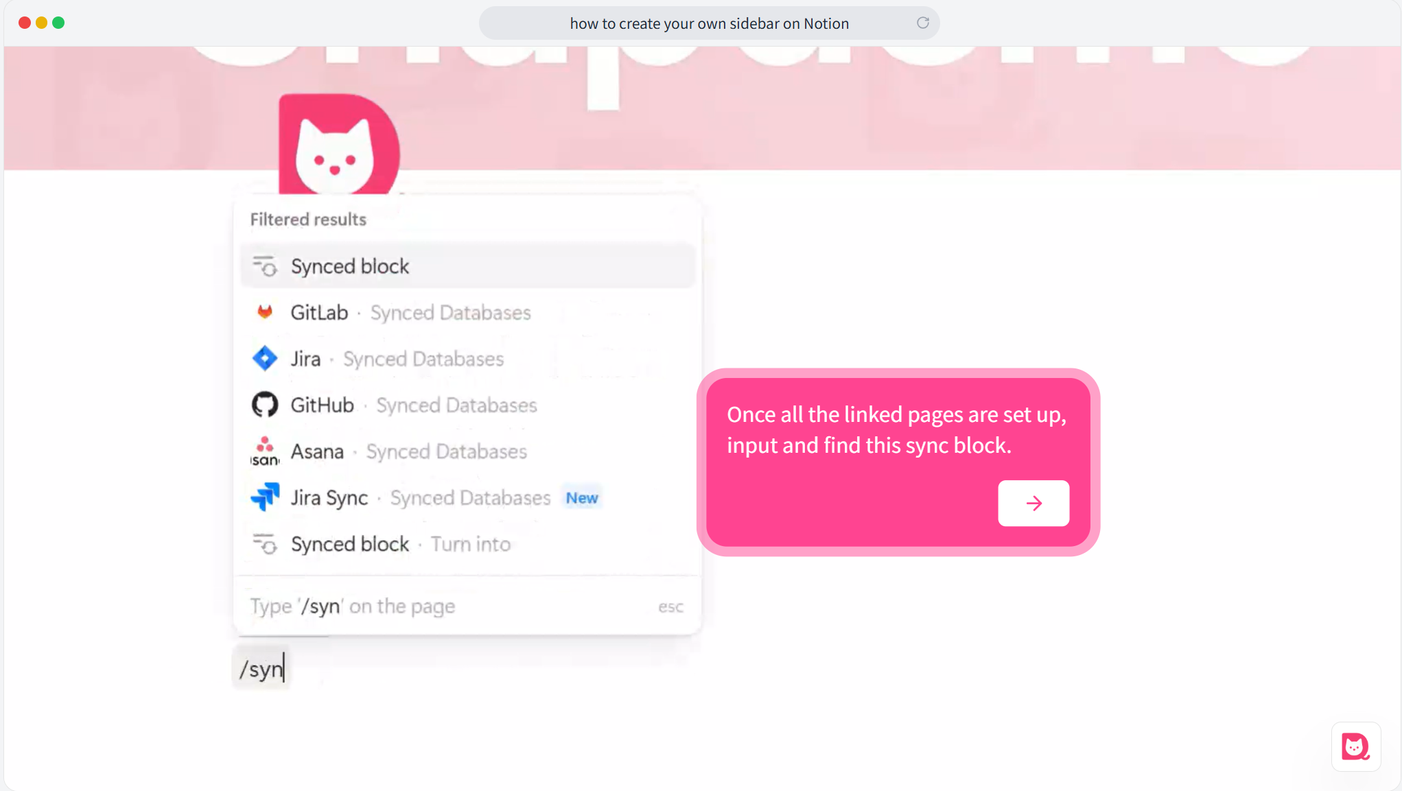 Image showing the creation of a synced block on the main page using the /synced block command.