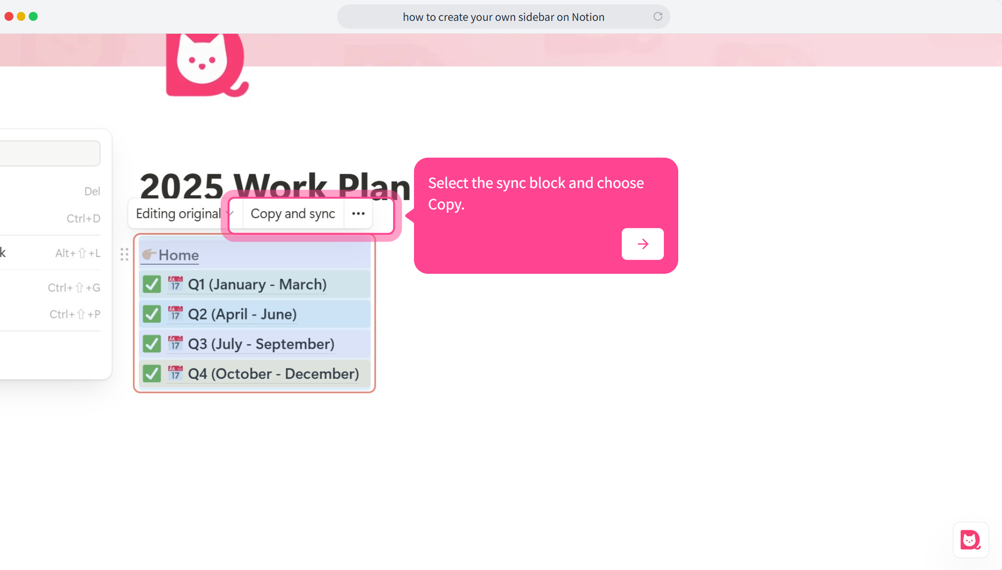 Image showing the "Copy and Sync" option for syncing the block across multiple pages.