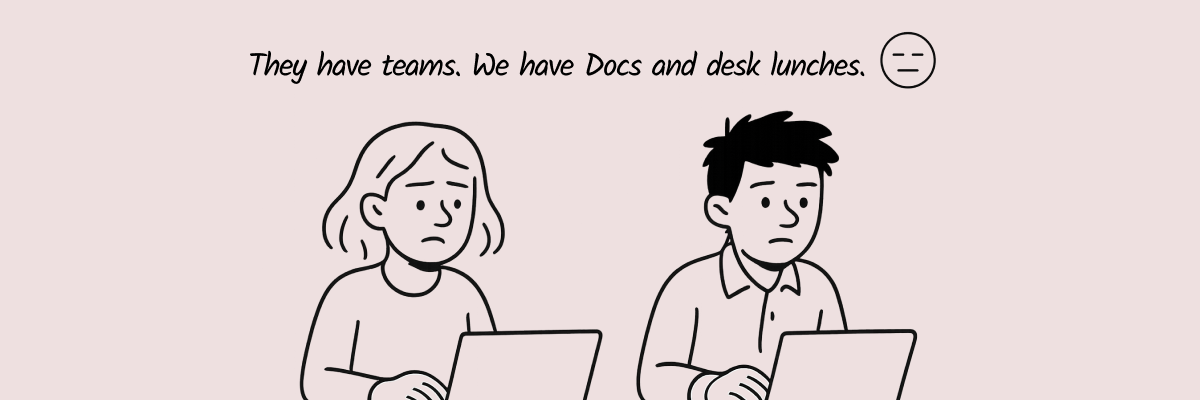 Two people working separately at desks with laptops, looking stressed and focused. Minimalist black-and-white line drawing, representing a small startup team.