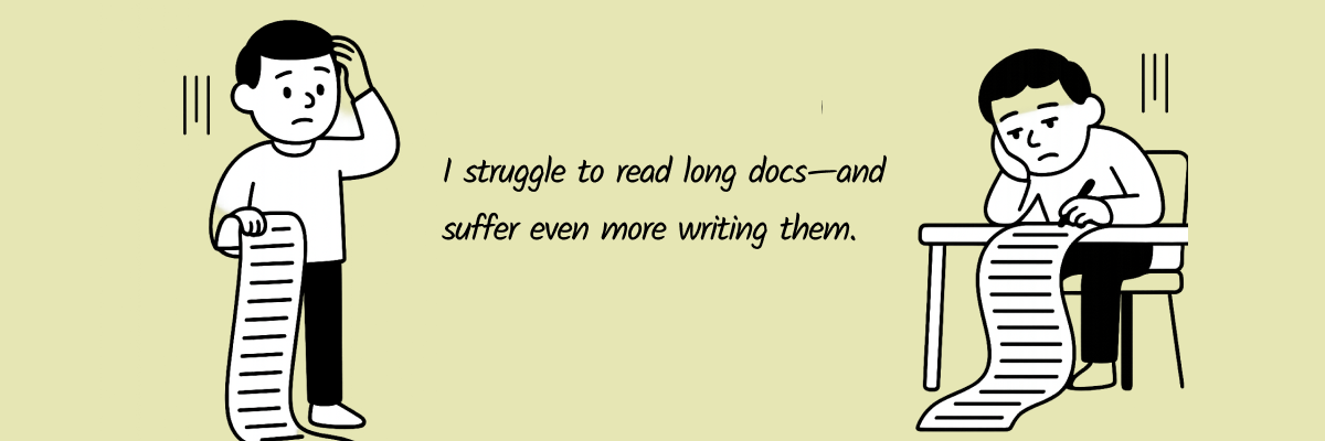 Two characters struggling with long documents: one confused, one exhausted.