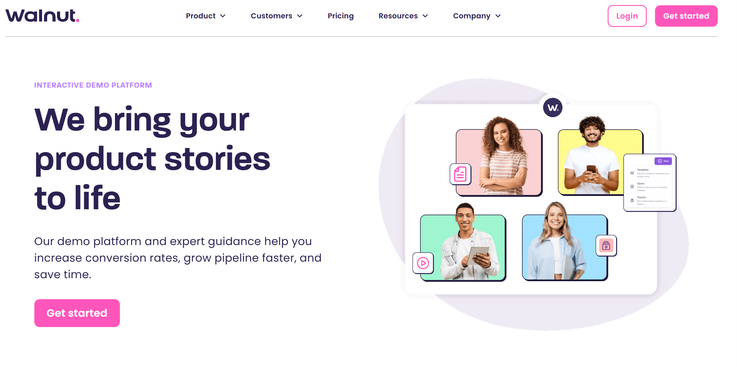 Walnut advanced sales demo tool homepage screenshot with personalization and team permissions features