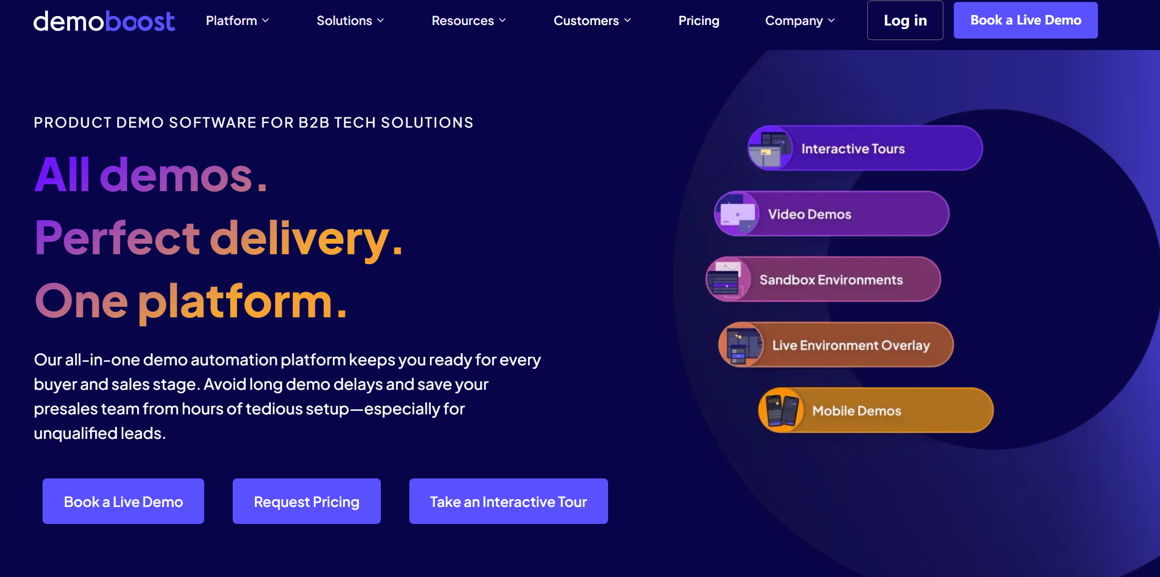 Demoboost product demo software homepage screenshot, focused on accelerating sales demos with interactive features