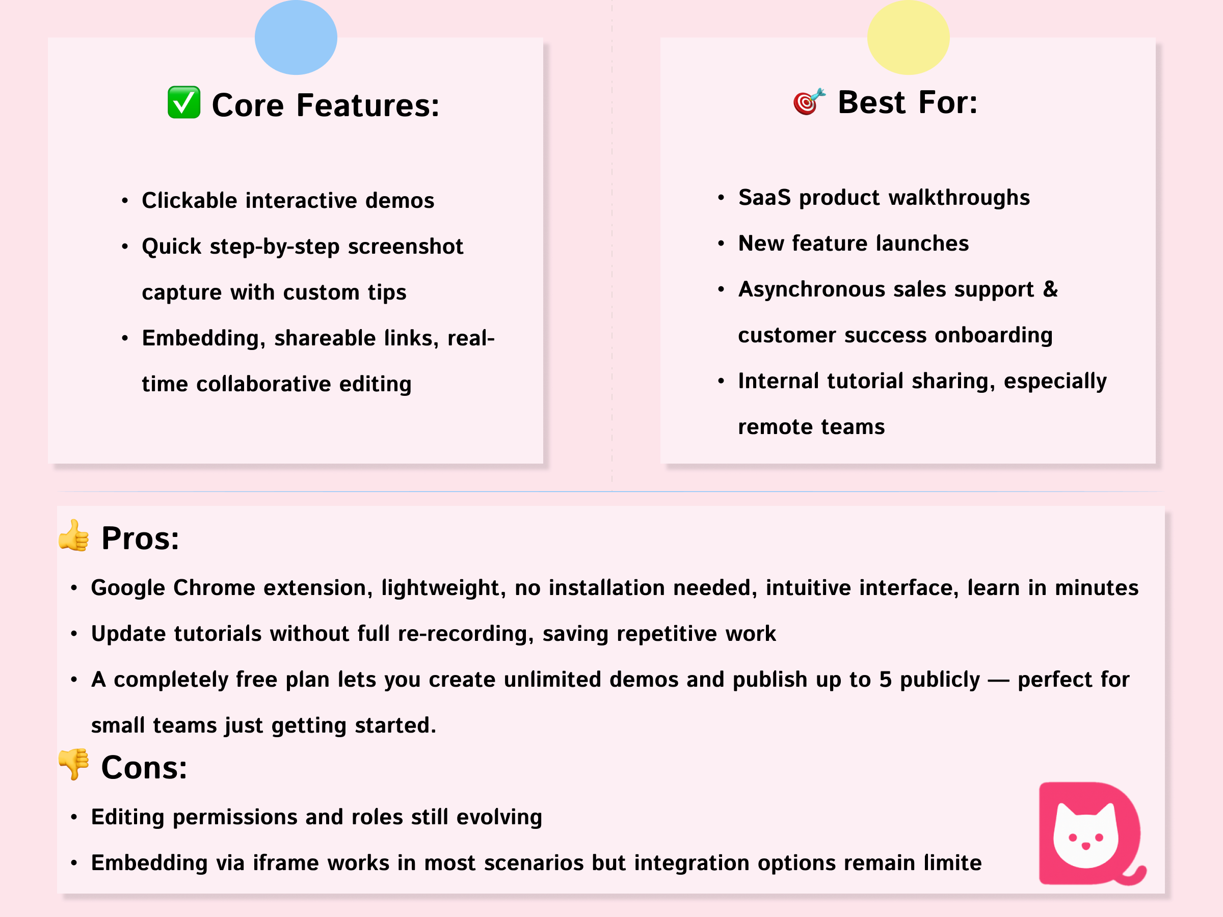 Overview of Snapdemo's core features, best use cases, pros and cons, with a pink background and sticky note style layout.