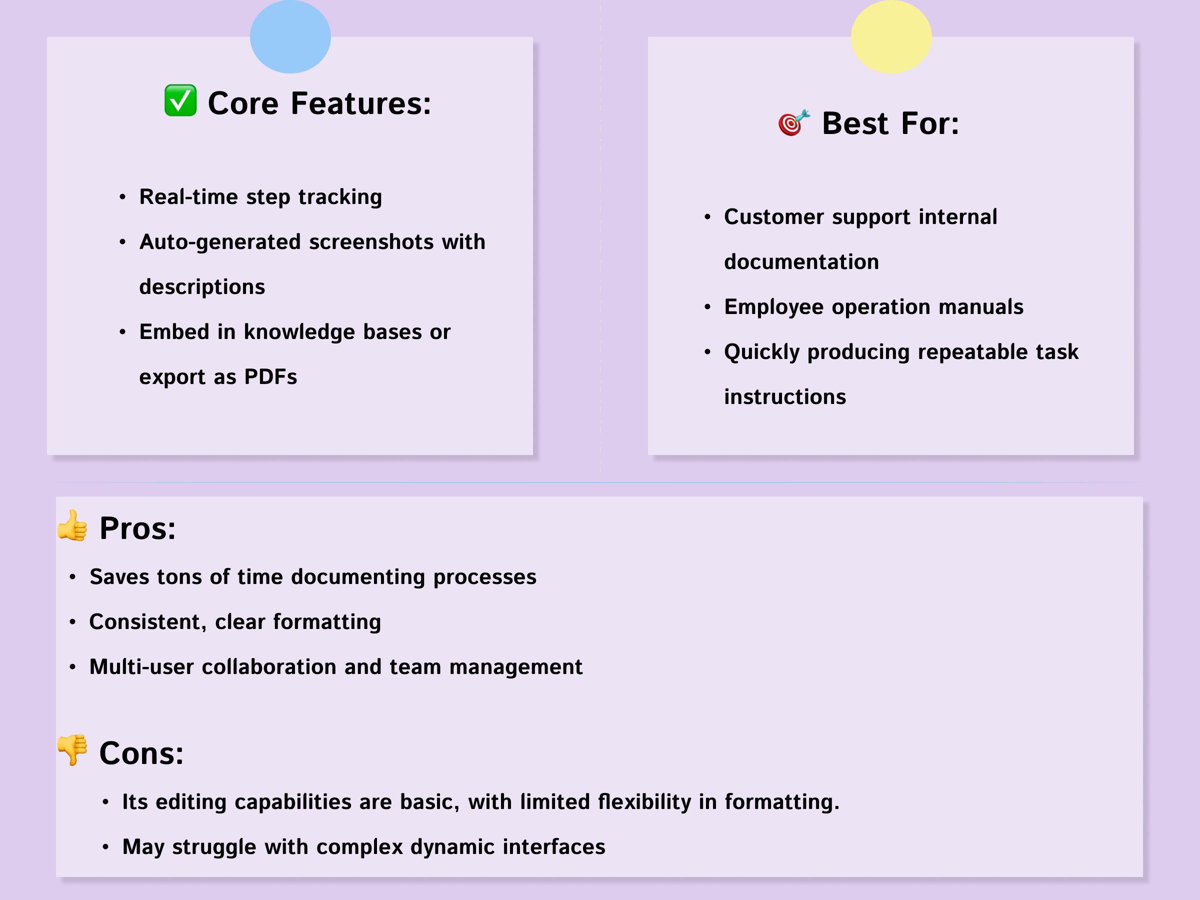 Overview of Scribe's core features, best use cases, pros and cons, with a pink background and sticky note style layout.