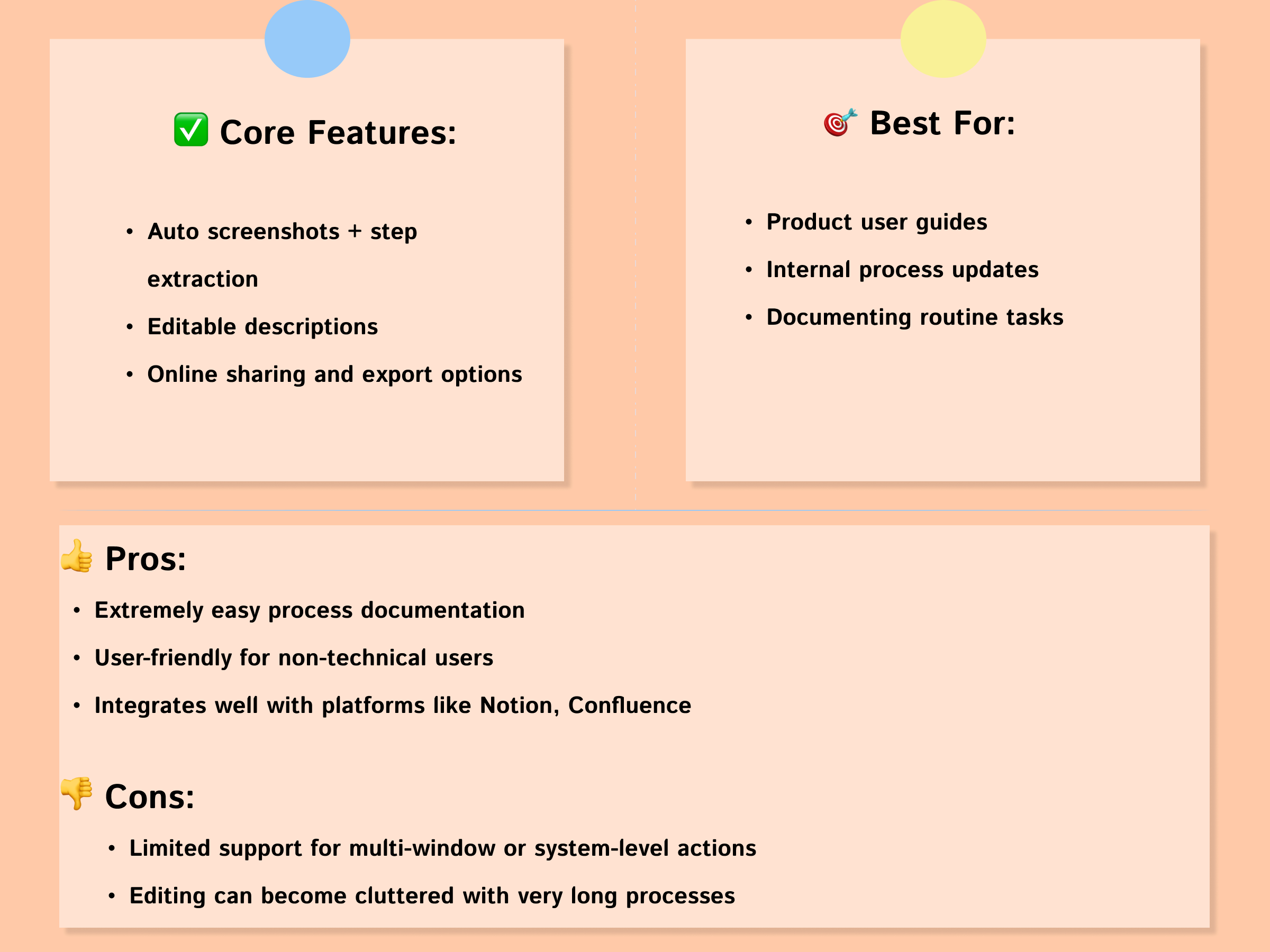 Overview of Tango 's core features, best use cases, pros and cons, with a pink background and sticky note style layout.