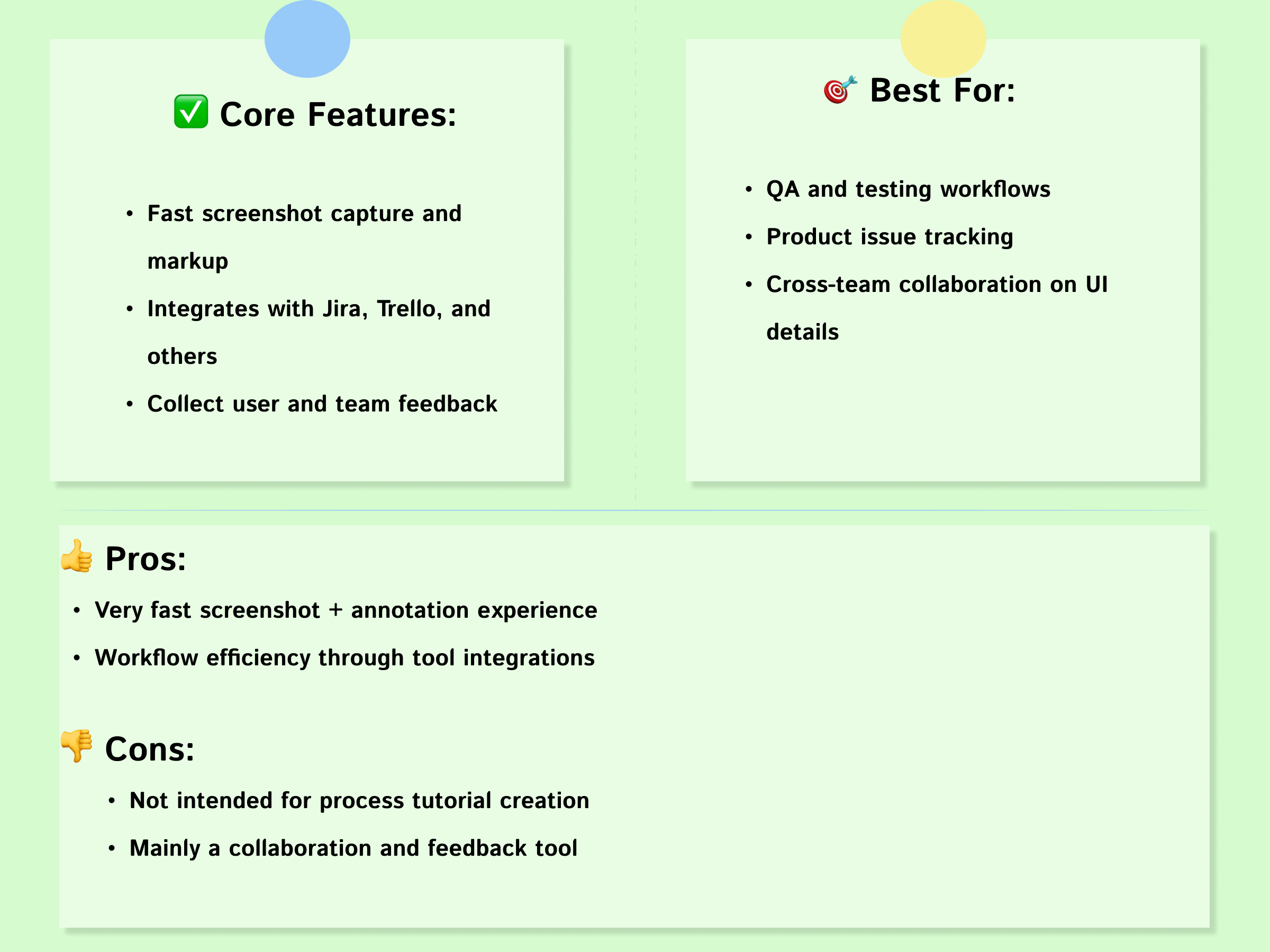 Overview of Marker.io 's core features, best use cases, pros and cons, with a pink background and sticky note style layout.
