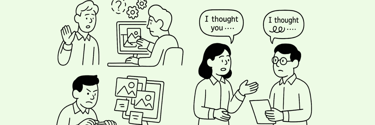 A black and white minimalist line drawing showing three stages of process documentation: a person asking a colleague for help, a support agent recording a screen, and a team organizing workflows. The image uses clean lines, transparent background, and no text, with Notion-style human figures and clear facial features.