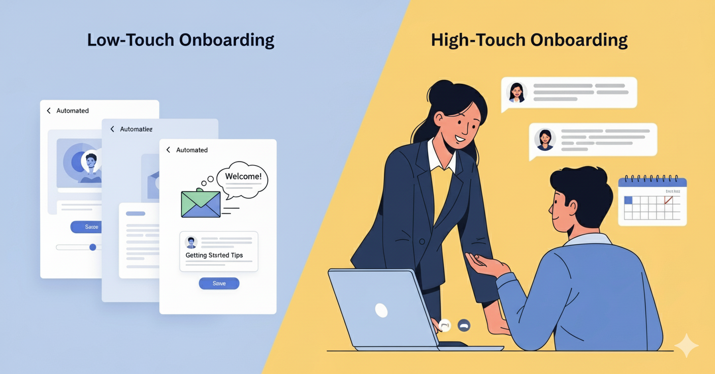 A split-screen illustration comparing low-touch onboarding (automated guides and emails) versus high-touch onboarding (customer success manager interacting with a user).
