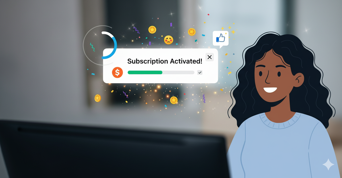 A cheerful user receiving a “first success” notification on a SaaS app, surrounded by progress indicators and celebratory icons.