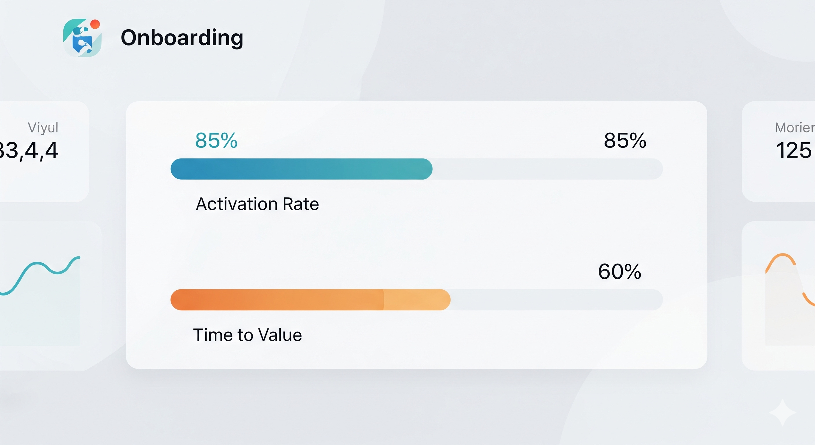 A minimal dashboard view with onboarding metrics like activation rate and time to value, shown as progress bars.